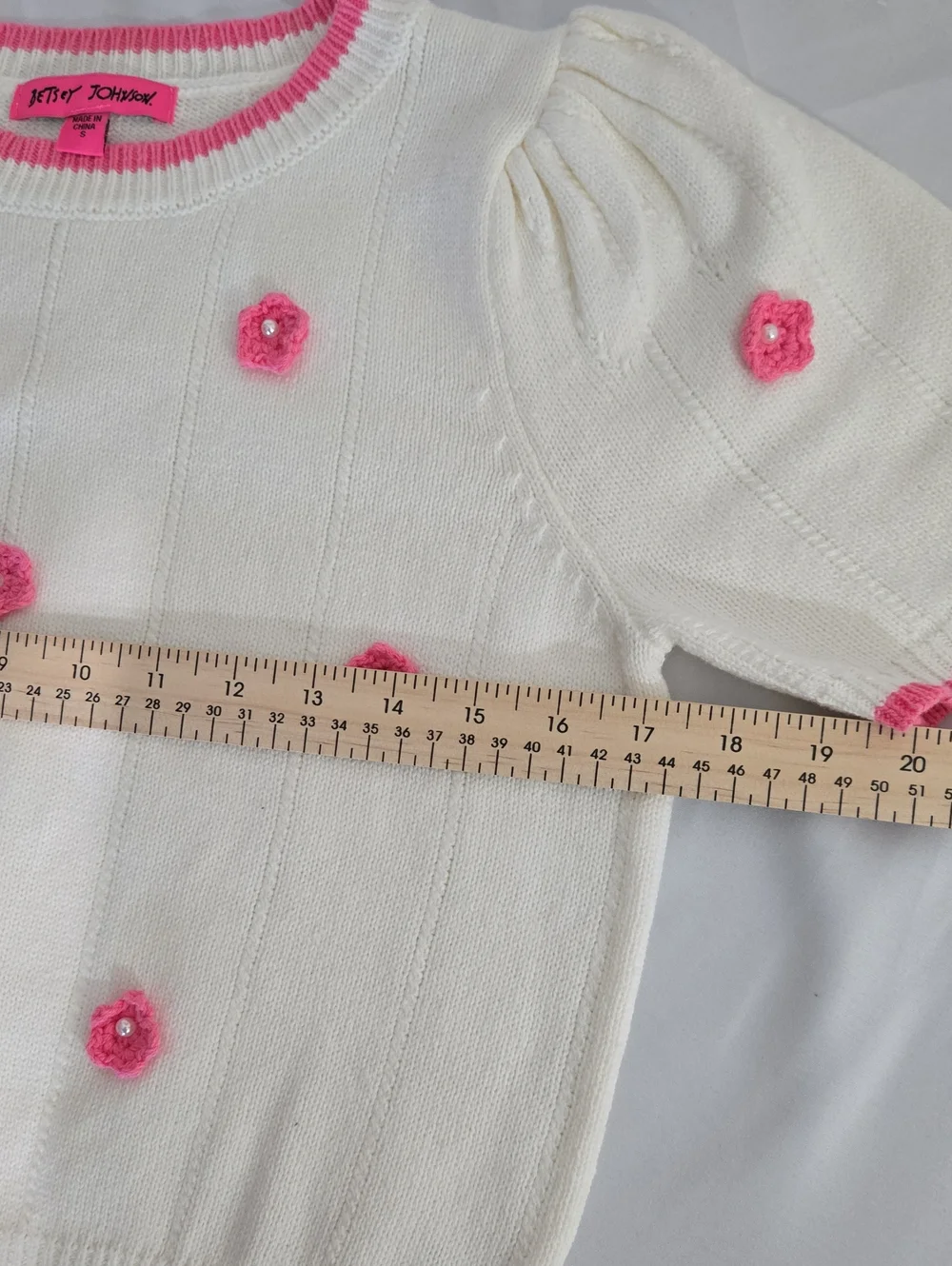 Betsey Johnson Cream Knit Top with Pink Flower Appliqués